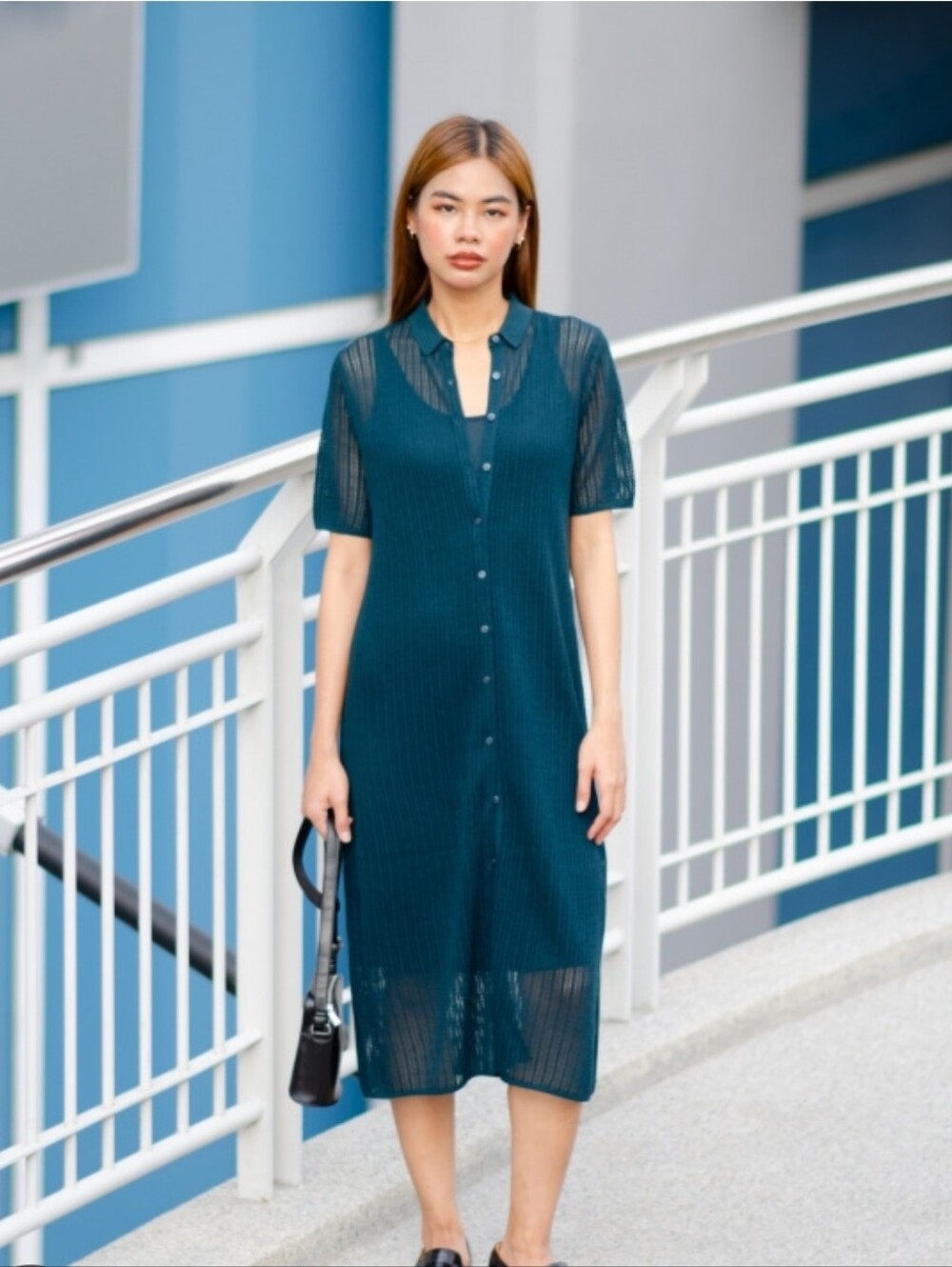 UNIQLO Dark Green Teal Mesh Lace Knit Button Front Collared Midi Dress Small